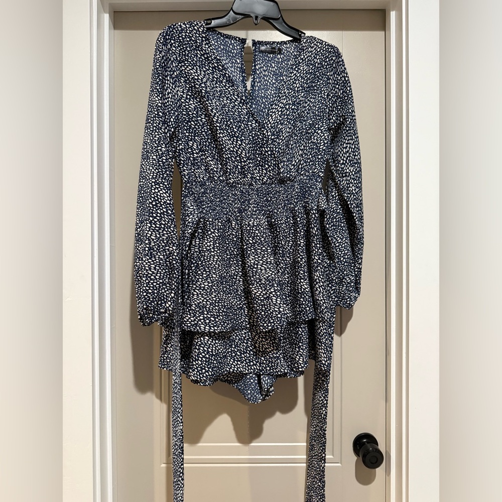 Navy and white long sleeve shorts romper